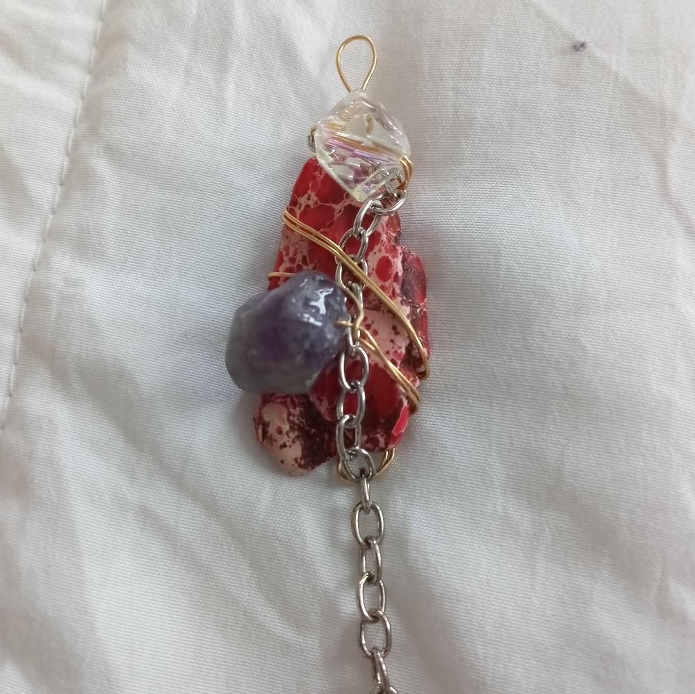 Hand crafted Pink turquoise and amethyst gemstone statement pendant indie